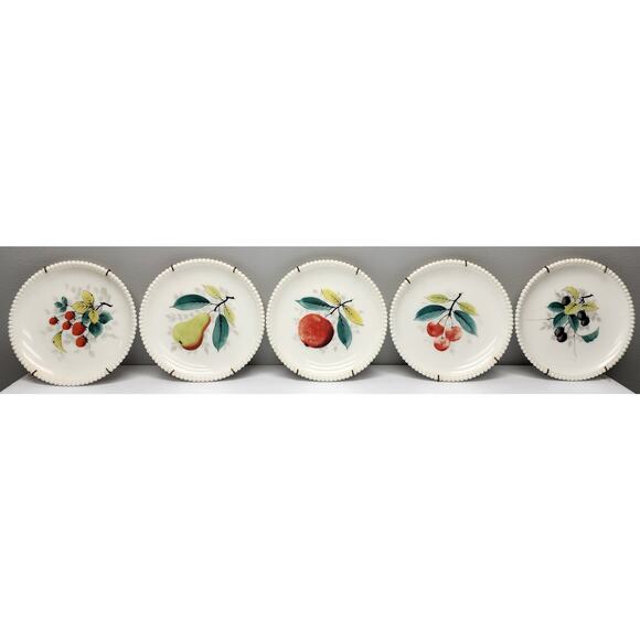 VTG Westmoreland Milk Glass Beaded Edge Fruit Plates 5 Set Hand Painted 7.5